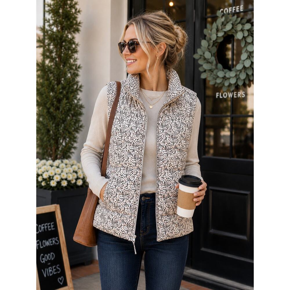 LOFT Leopard Print Puffer Vest Medium Whisper White Animal Print Zip Front